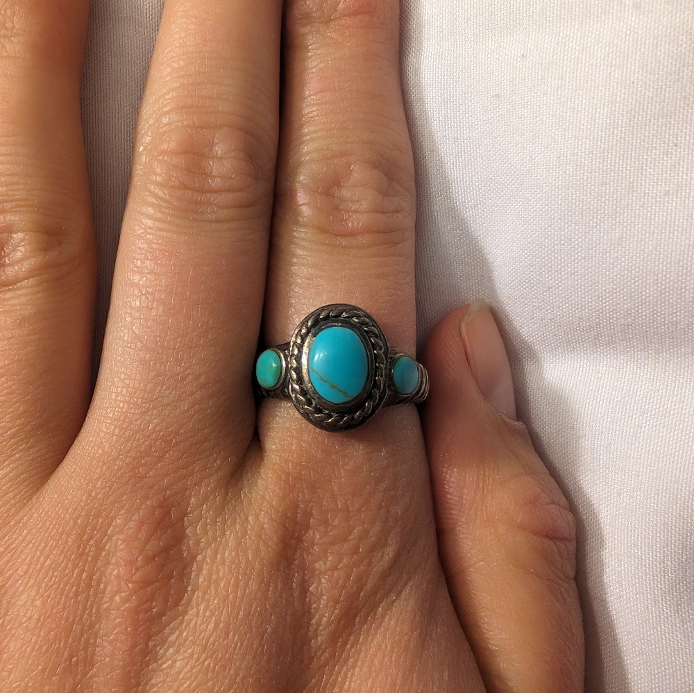 Three stone ring, turquoise/blue, 8